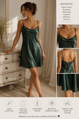 Y2K Emerald Green Satin Slip Dress Fairy Chemise Nightgown L Sophia by Delicates